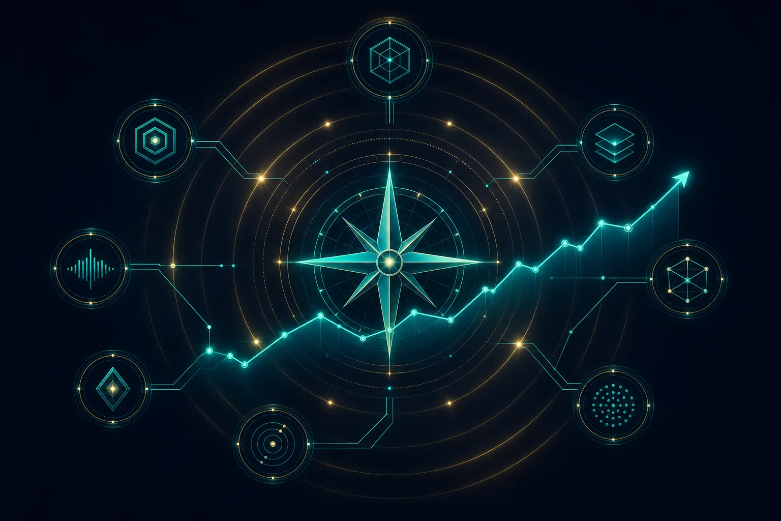 Meridian Signal illustration — compass over an upward trajectory chart with seven signal nodes and gold pulse rings